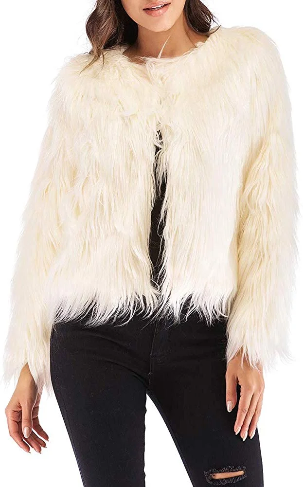 Women's Shaggy Faux Fur Coat Solid Color Long Sleeve Short Jacket