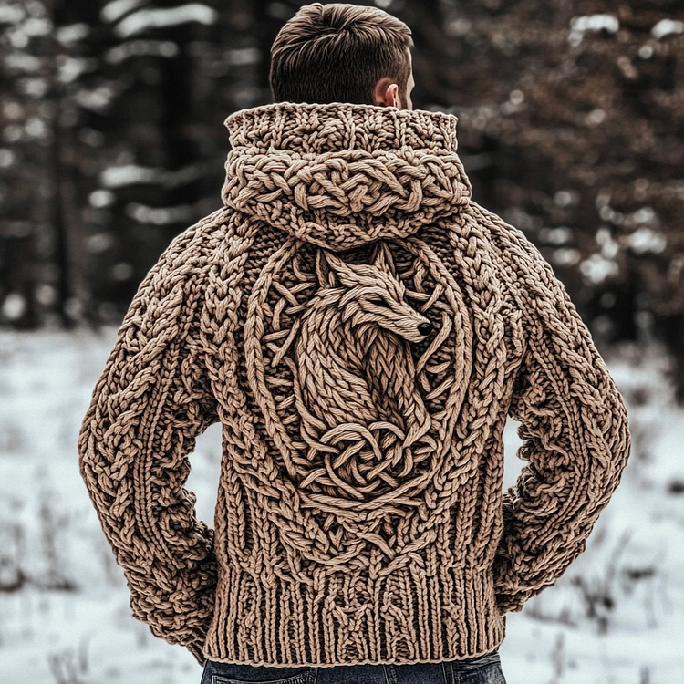 VChics Men's Viking Wolf Jacquard Celtic Style Knitted Hooded Sweater