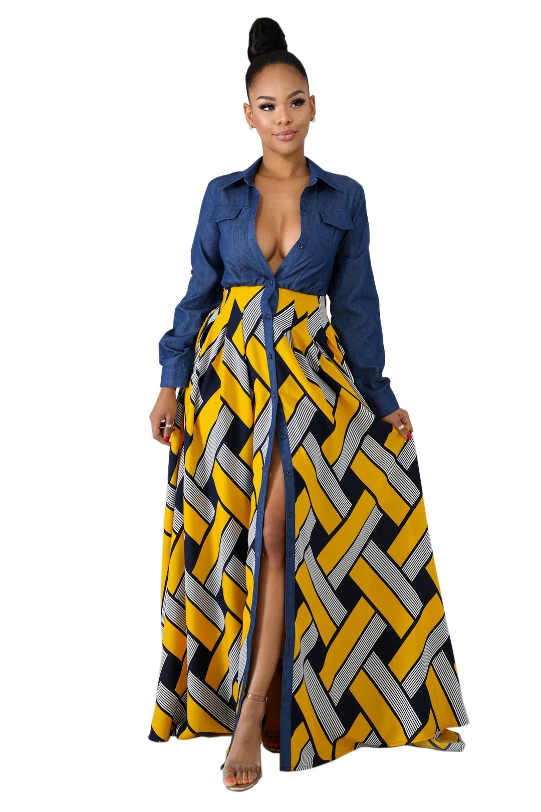 Uveng Uveng Spring Summer New Women's Dress Denim Woven Stripe Print Dress