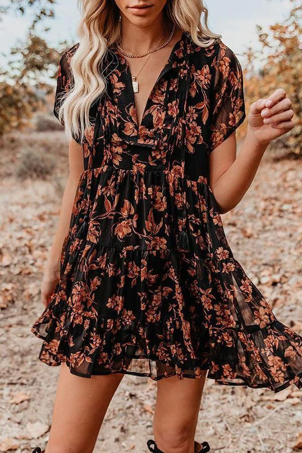 Womens Long-sleeve Printed Elegant V-Neck Tie Dress-Allyzone-Allyzone