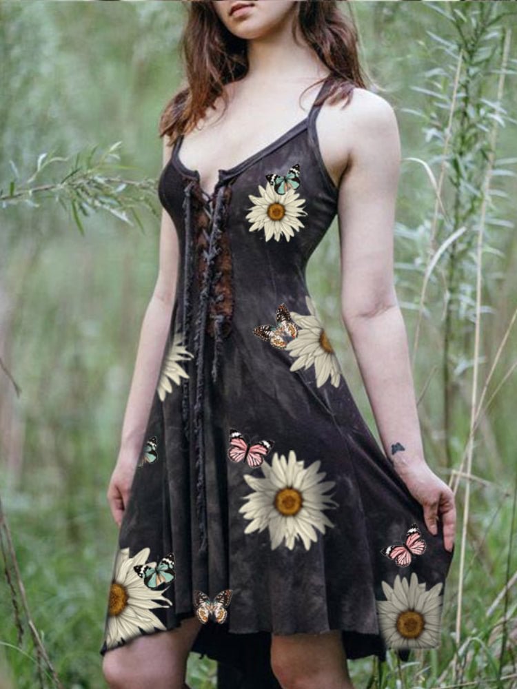 Sunflowers Print Lace Up Tie Dye Mini Dress