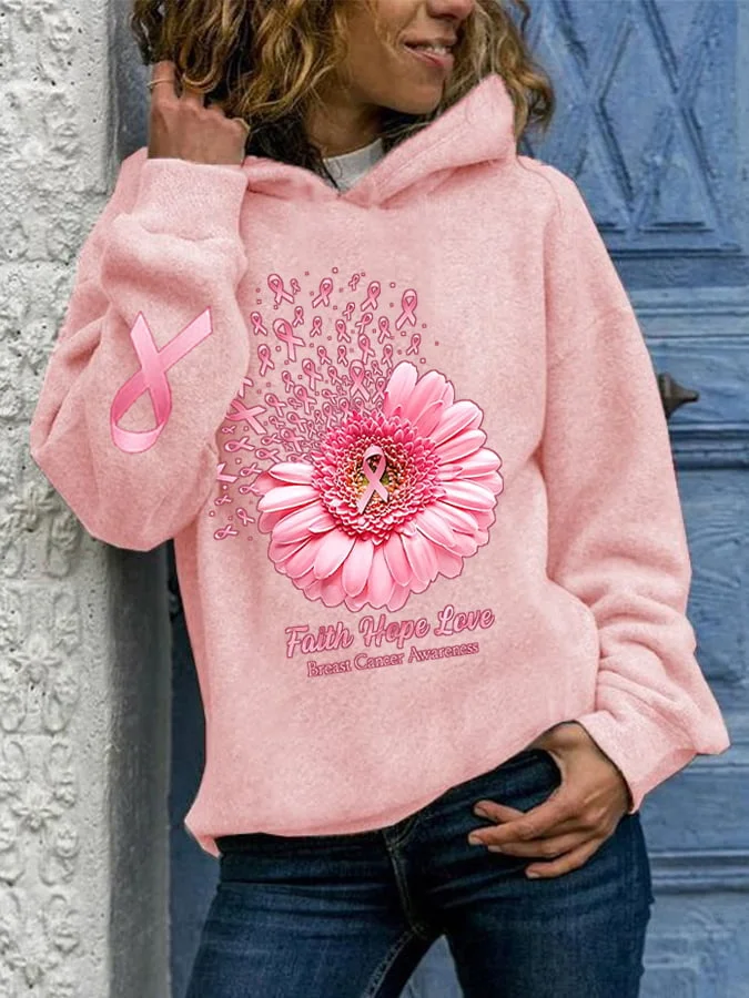 Breast Cancer Awareness Faith Hope Love Daisy Flower Ribbon Print Casual Hoodie socialshop