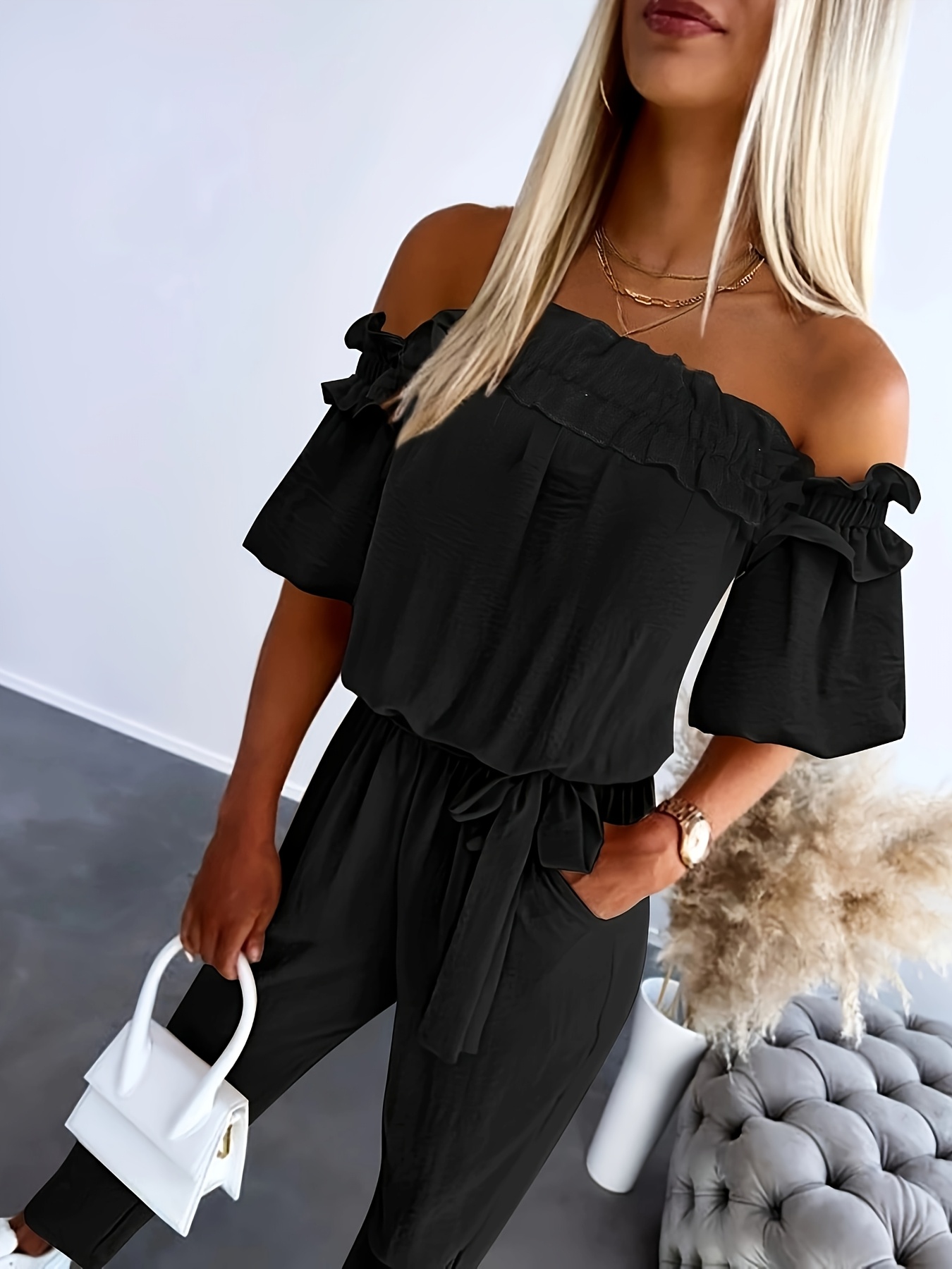 Elegant Off-shoulder Lace Trim Jumpsuit for Women beige ruffle detail belted waist wide