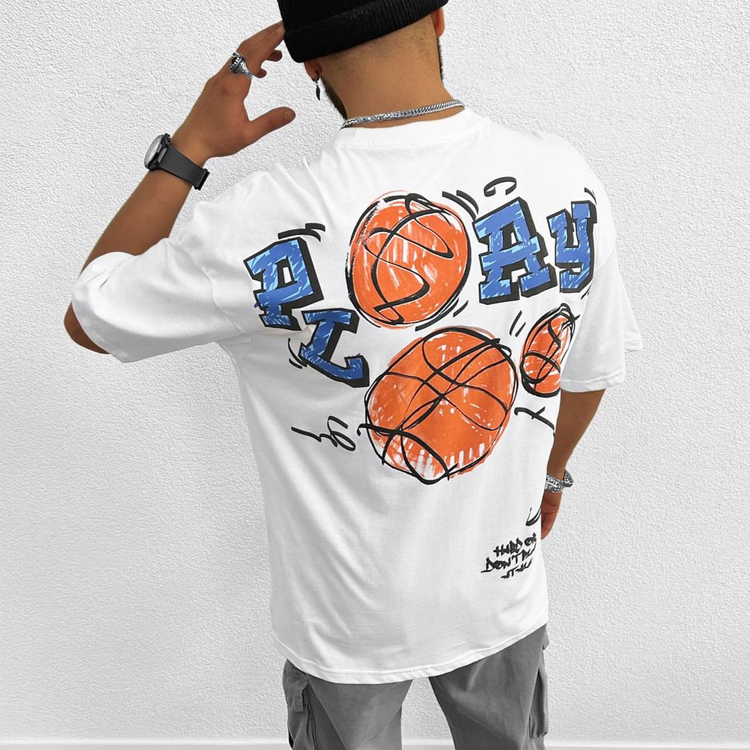Men's Oversized Basketball Print T-Shirt、、URBENIE