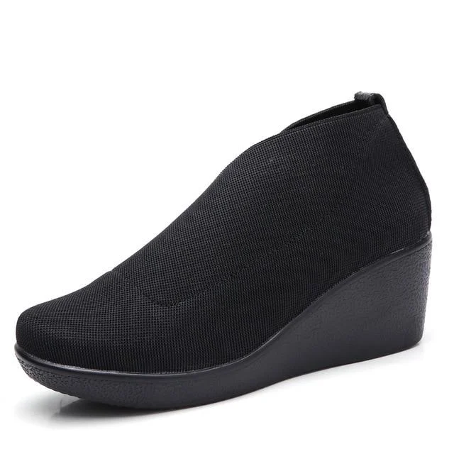 Women Flat Platform Slip On Casual Leather Loafers Black Fabric Flats