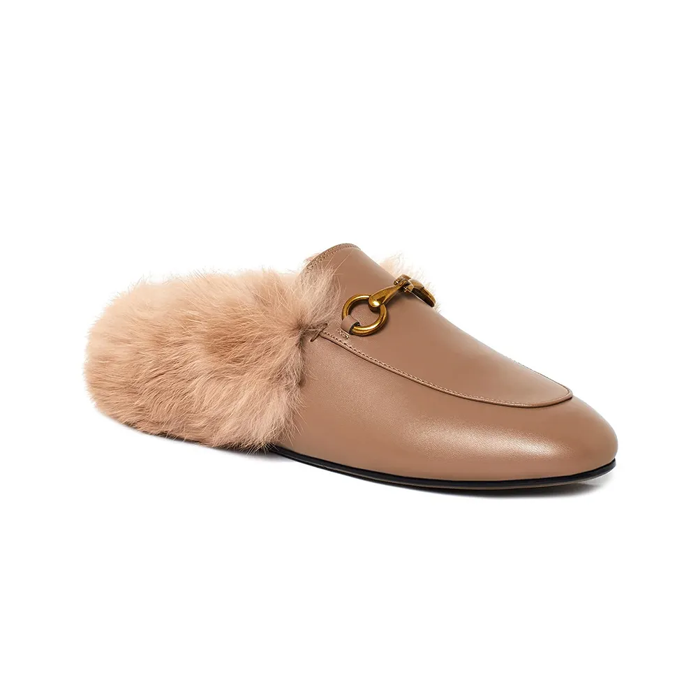 Brown Rabbit Fur Flats Mules Shoes-vocosishoes