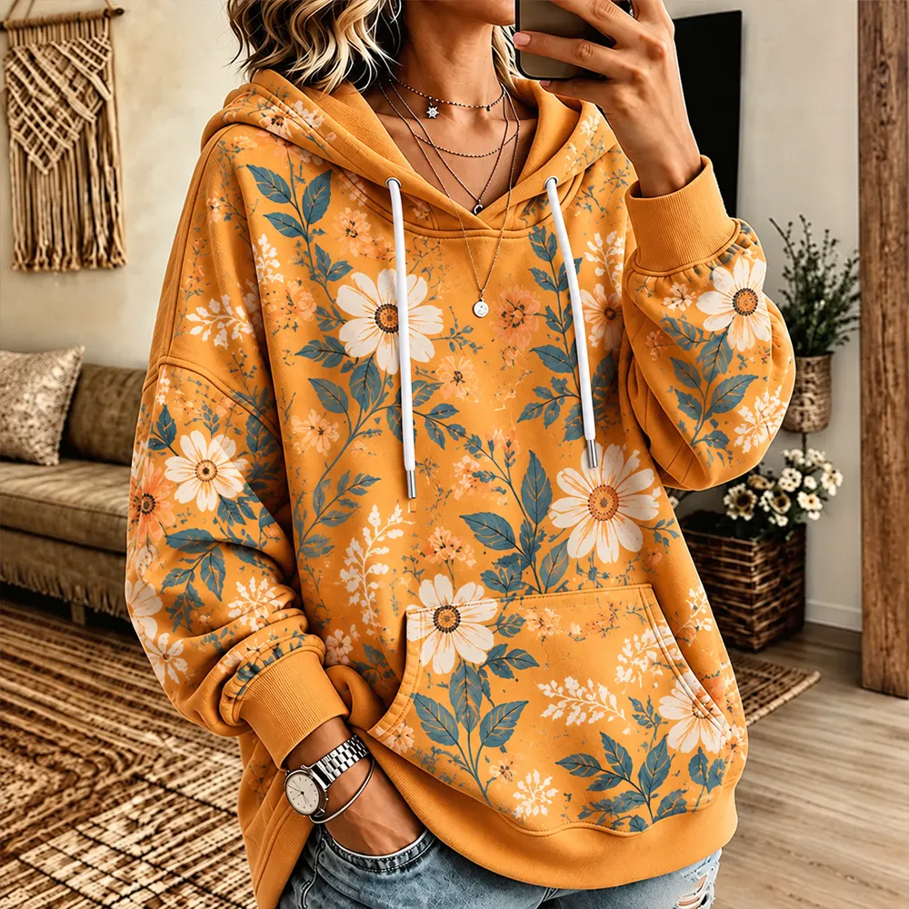 Comstylish Women's Daisy Floral Print Pocket Hoodie