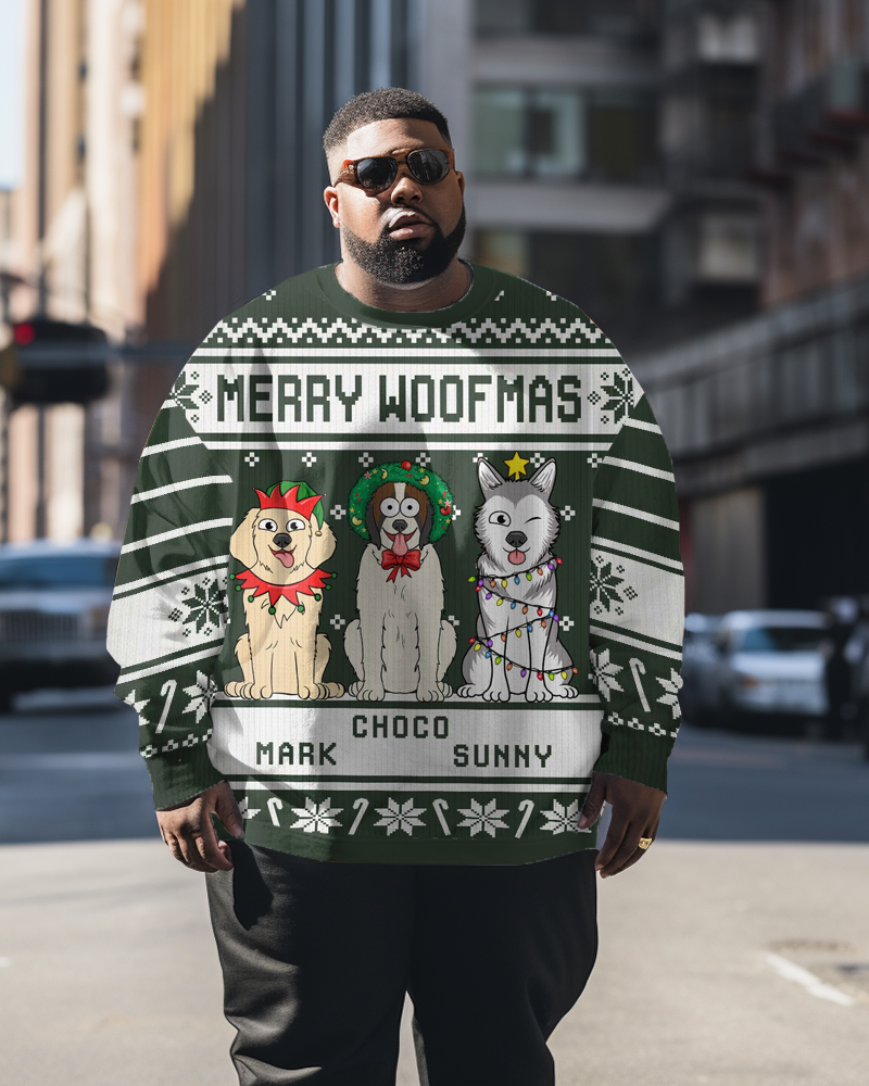 Men's Plus Size Merry Woofmas Colorblock Crew Neck Sweatshirt
