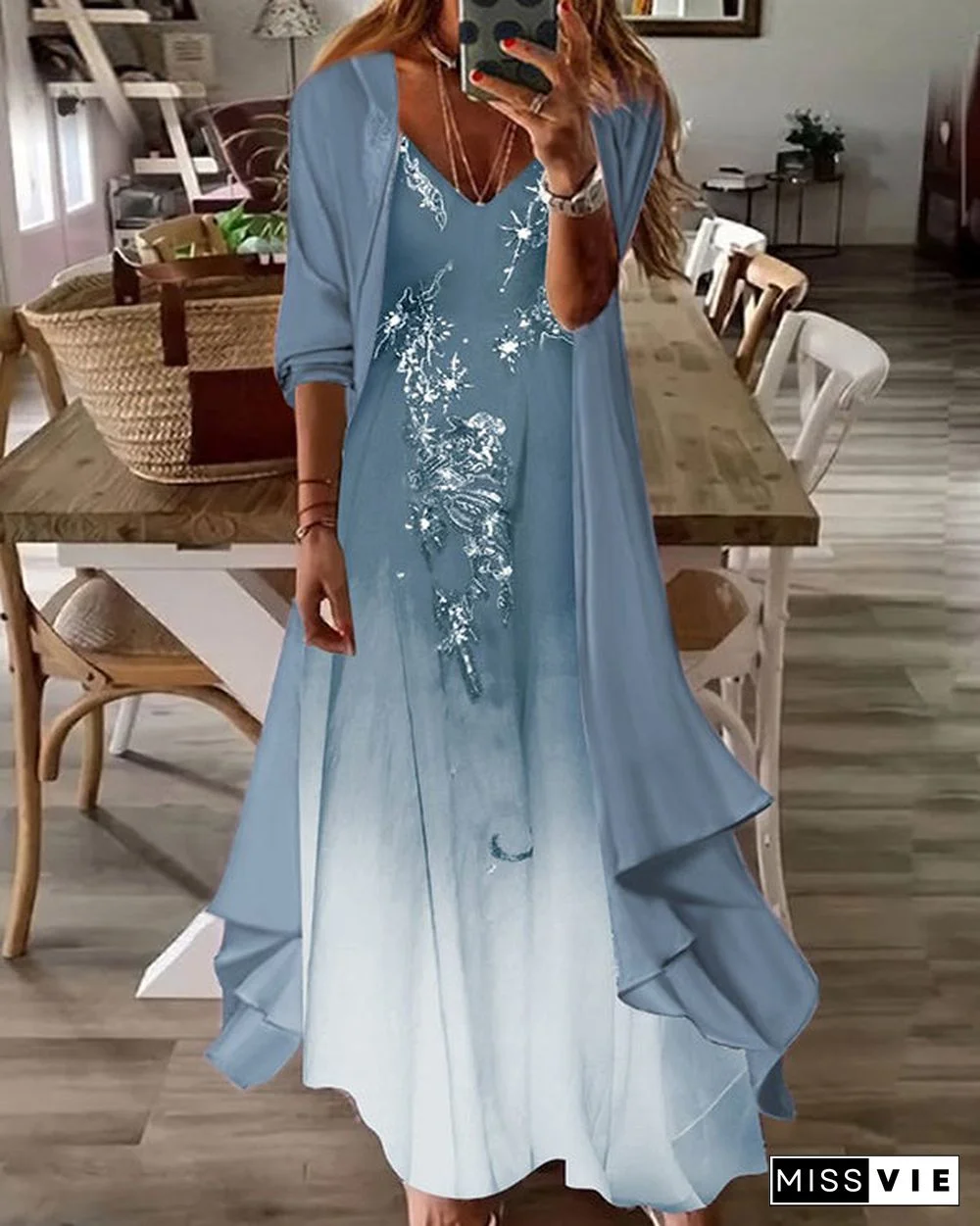 Fake Two Piece Half Sleeve Print Casual Retro Sexy Dress