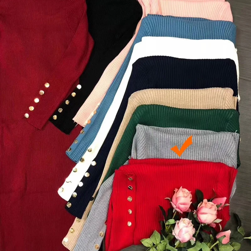 Winter Dress Women Turtleneck Sweater Dress Buttoned Long Sleeve Midi Knitted Bodycon Dress Elegant Womens Dresses Clothing Robe
