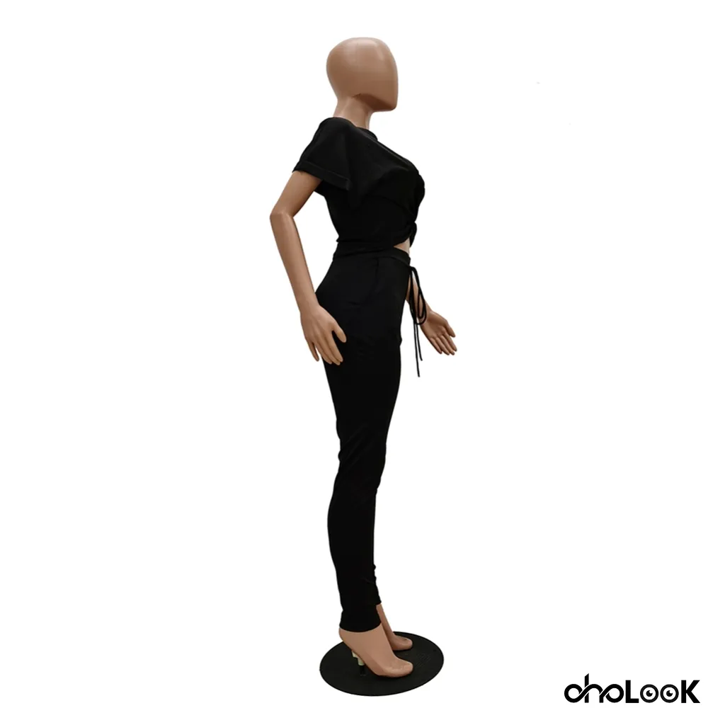 Summer Plain Knot Crop Top and High Waist Pants Set