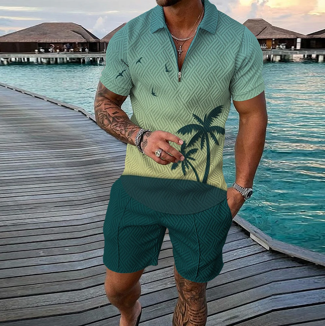 Vacation Style Printed Men's POLO Short Sleeve Suit