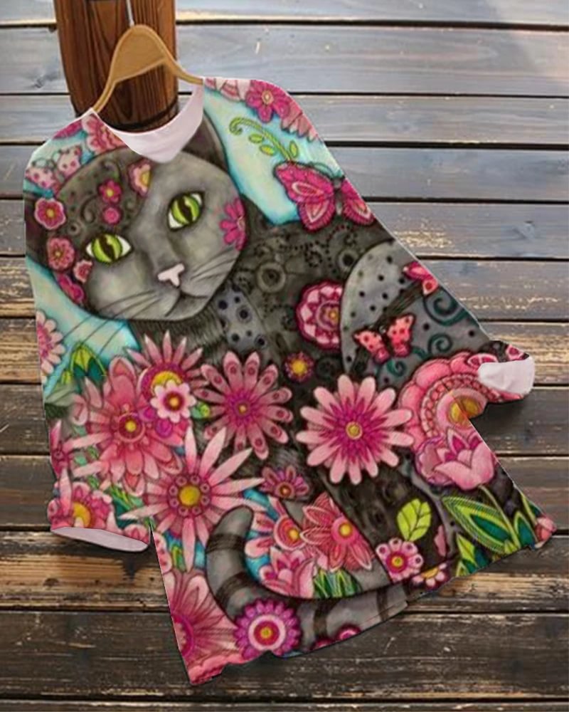 Casual Losse Cat And Flower Print Top