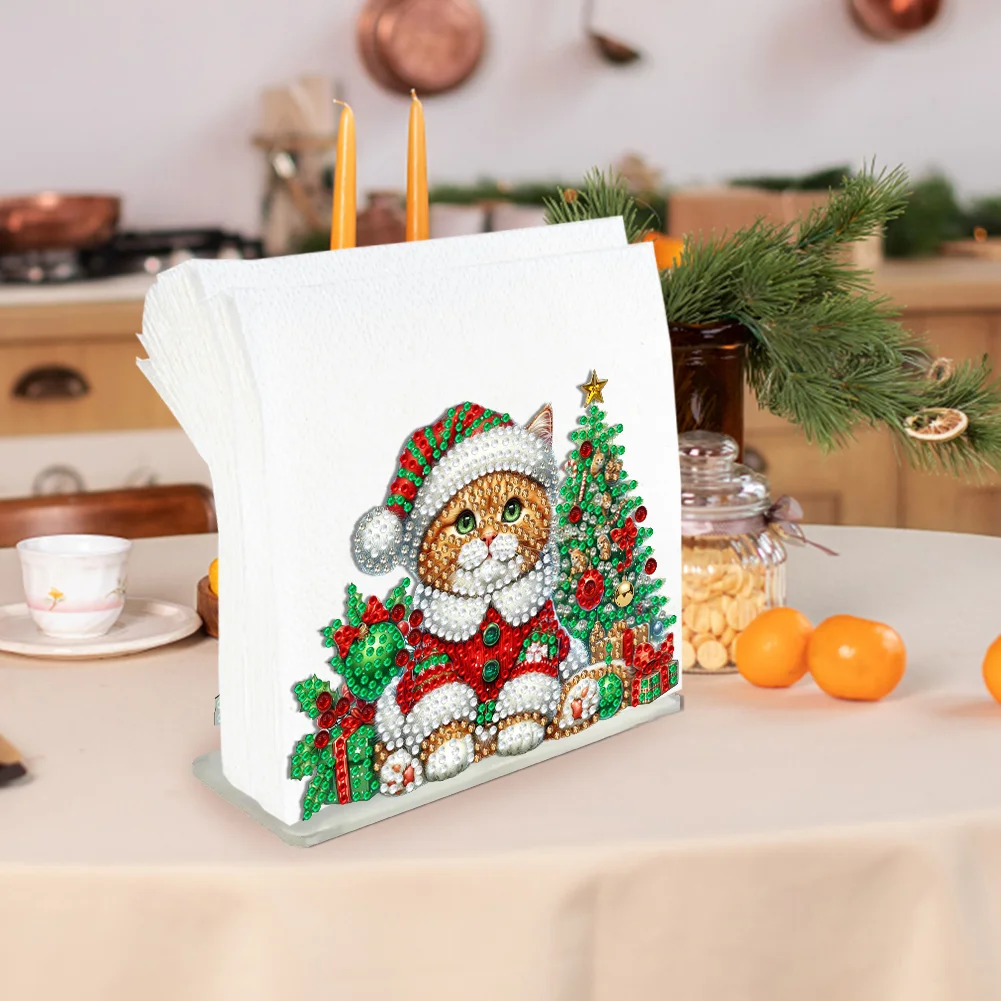 5D DIY Christmas Cat Acrylic Double Sided Diamond Art Paper Towel Storage Rack Decor