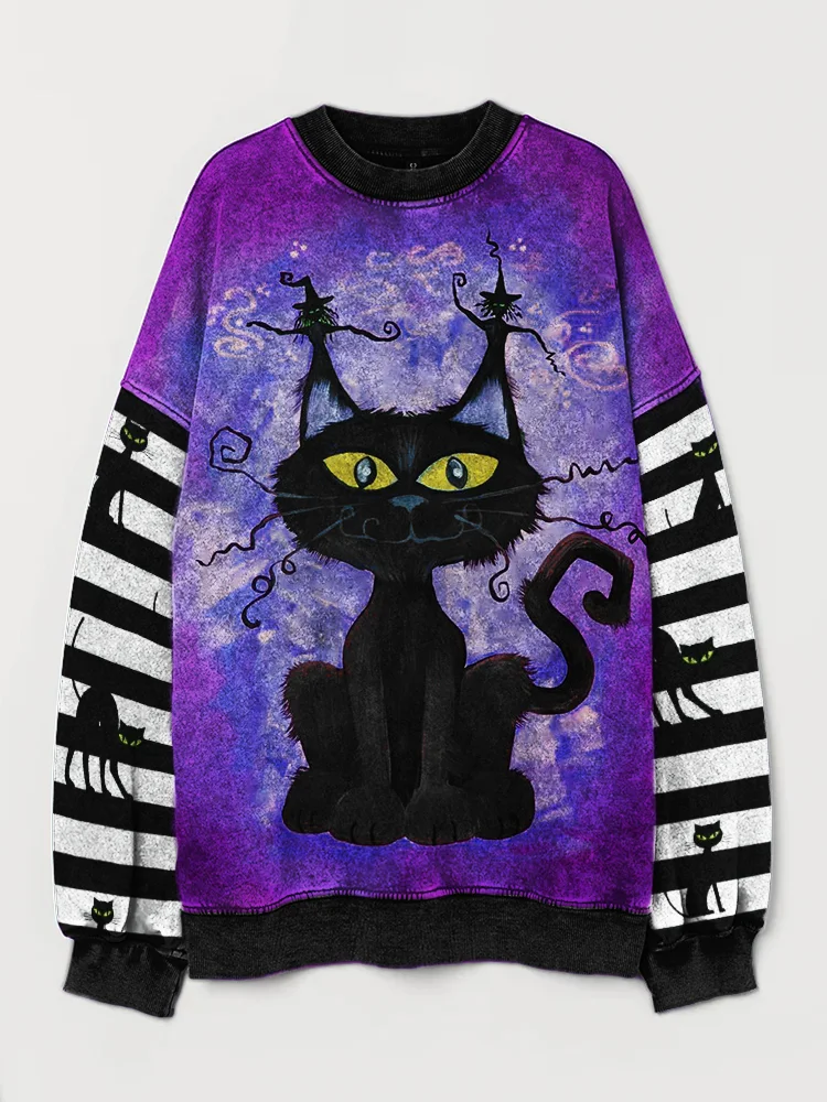 Broswear Halloween Black Cat Striped Patchwork Washed Sweatshirt