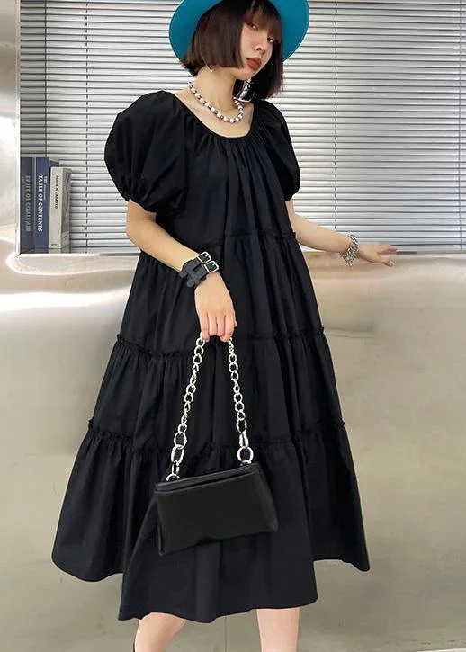 Italian Black Ruffled Puff Sleeve  A Line Summer Dress
