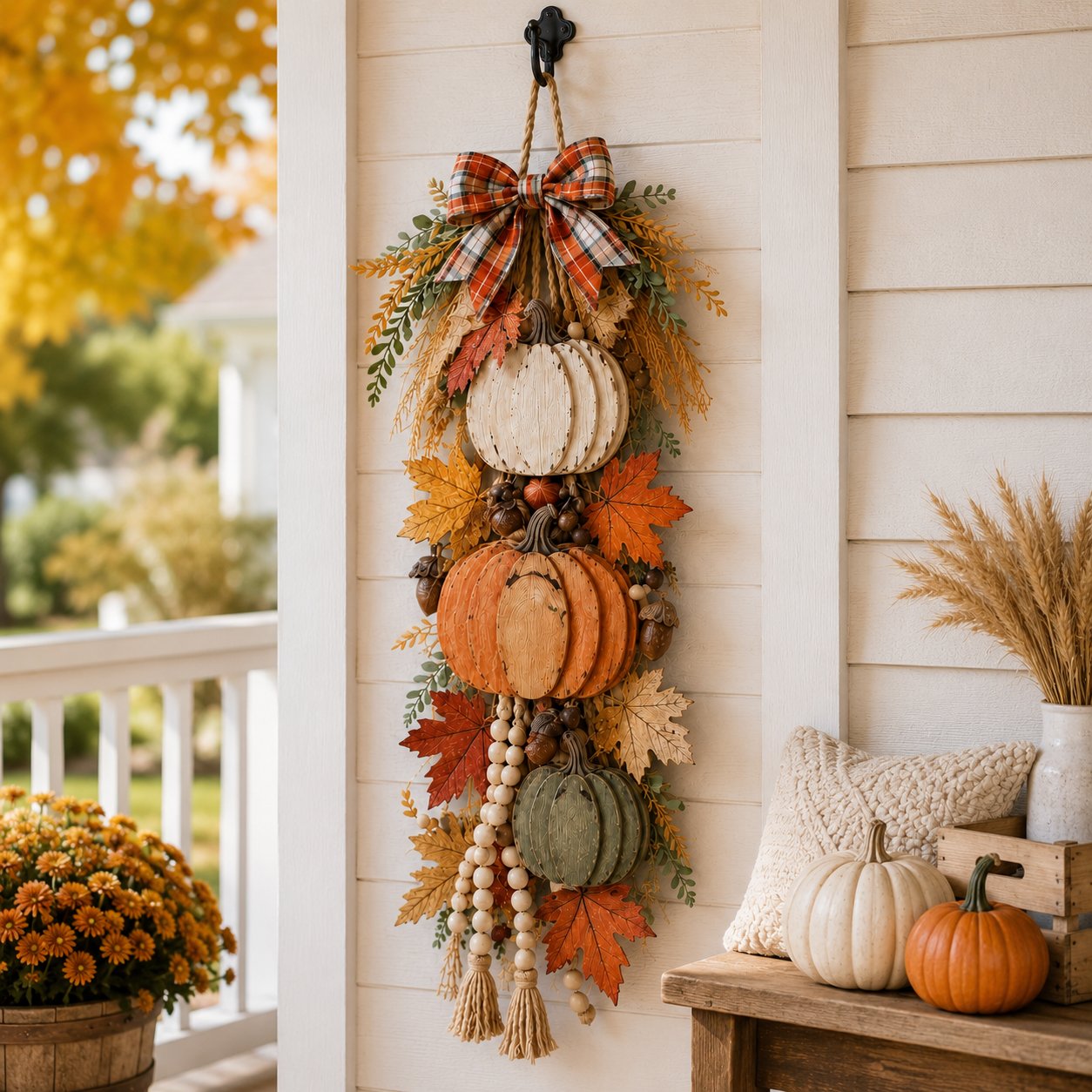 Best-selling rustic harvest-themed wooden door hanger (with warm-toned LED lights)