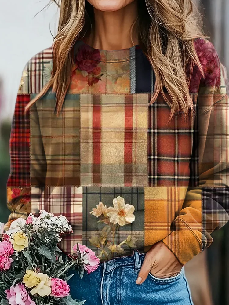 Women's Vintage Plaid Floral Collage Print Casual Crew Neck Sweatshirt