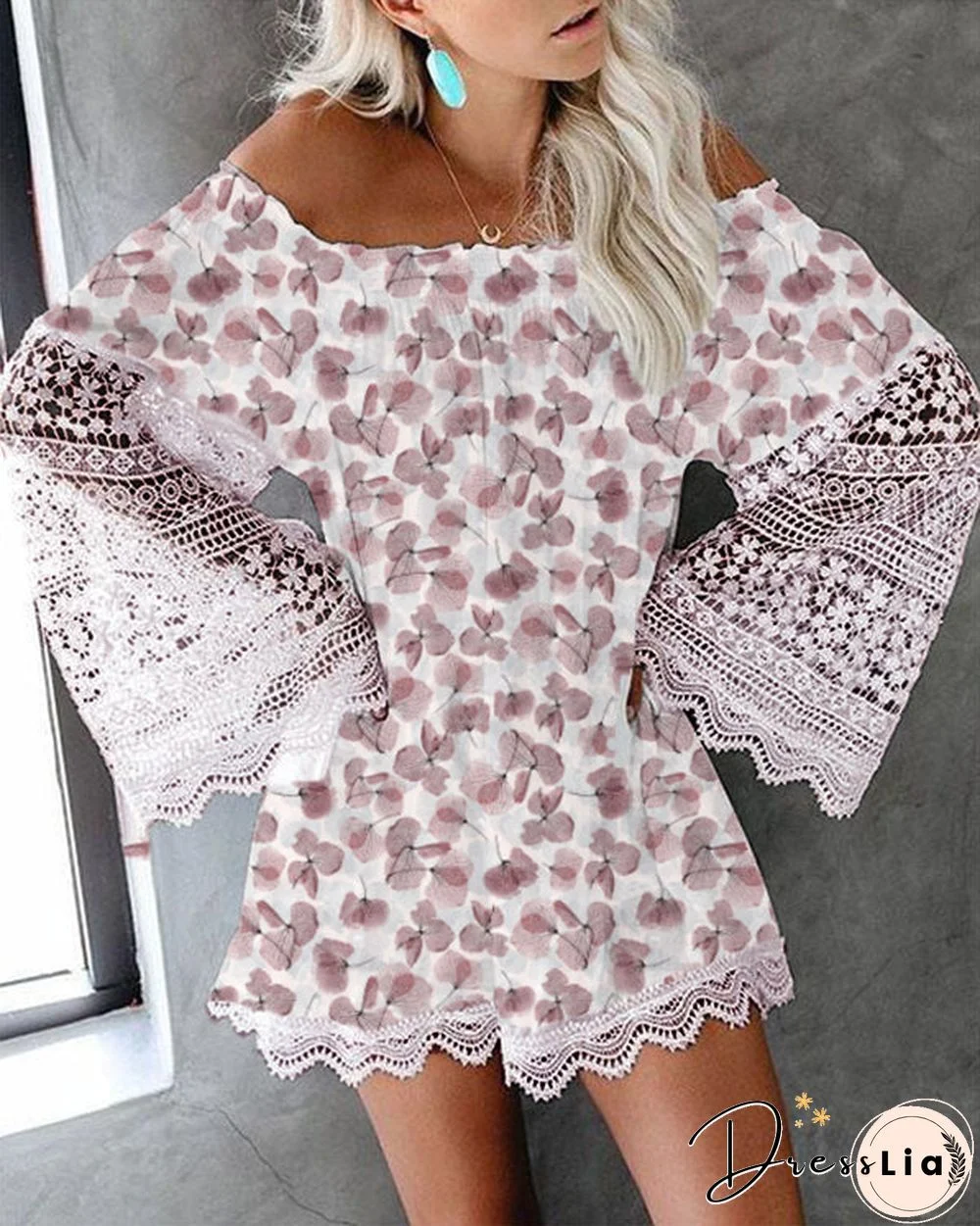 Long-Sleeve Off-Shoulder Printed Lace Loose Mini Dress S-5XL