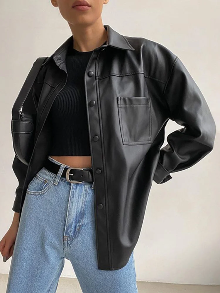 Leather loose shirt jacket QueenFunky