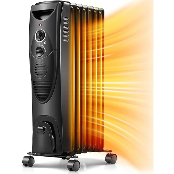Portable Electric Radiator Heater, Oil Filled with 3 Heat Settings, Adjustable Thermostat, Overheat & Tip-Over Protection For indoor use, 1500W (Black) 26 Inch Black