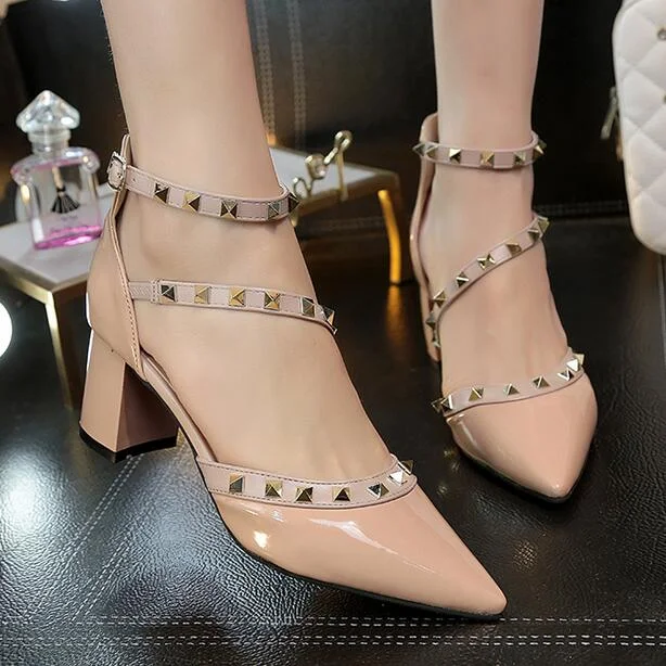 NEW Woman High Heels Shoes Ladies Sexy Pointed Toe Pumps Buckle Rivets Nude Heels Dress Wedding Shoes Dropshipping
