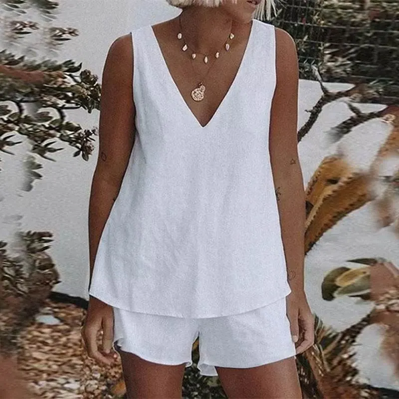 ZANZEA Summer Matching Sets Women Casual Sleeveless Short Sets Solid Tanks Tops and Shorts 2PCS Loose Cotton Suits Home wear