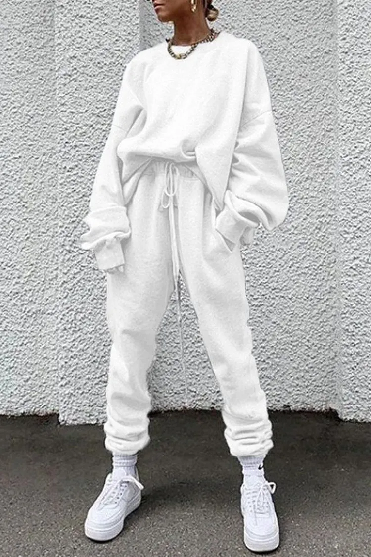 Casual Solid Pocket O Neck Long Sleeve Two Pieces(14 Colors)