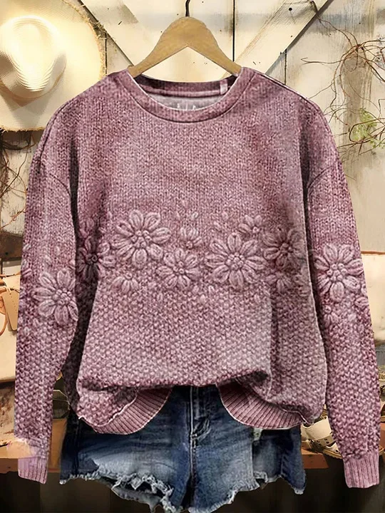 Women's Floral Texture Art Print Pattern Knit Pullover Sweater