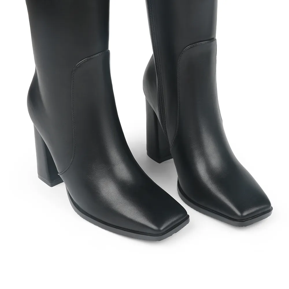 95mm/3.74 Women's Knee High Boots Chunky Heels Square Toe Boots Go Go Boots with Side Zipper-vocosishoes