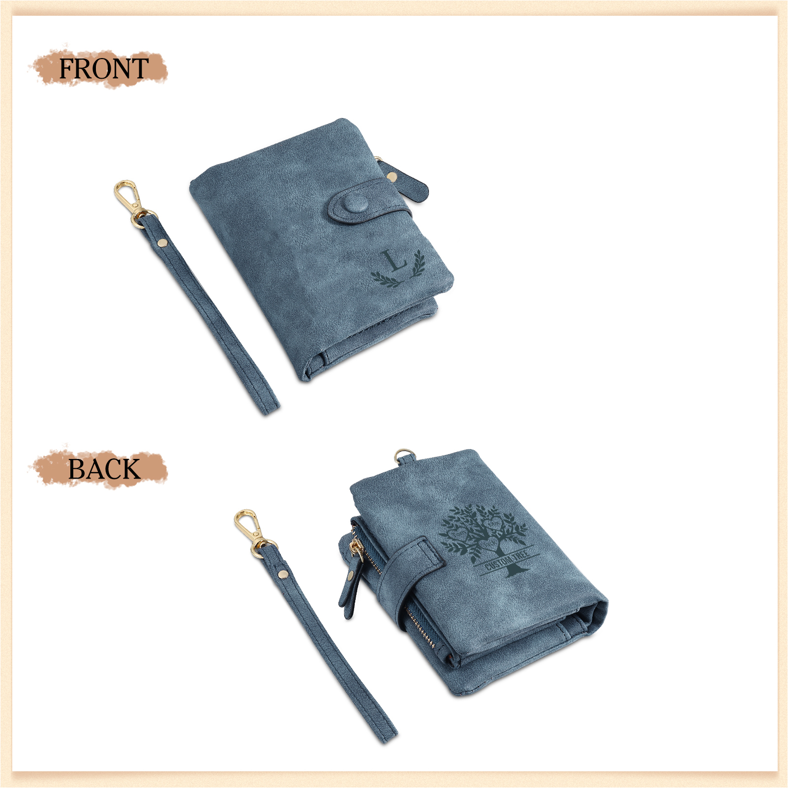 Portafoglio Albero della vita in PU pelle con 3 nomi & 1 testo & 1 lettera personalizzati per donna