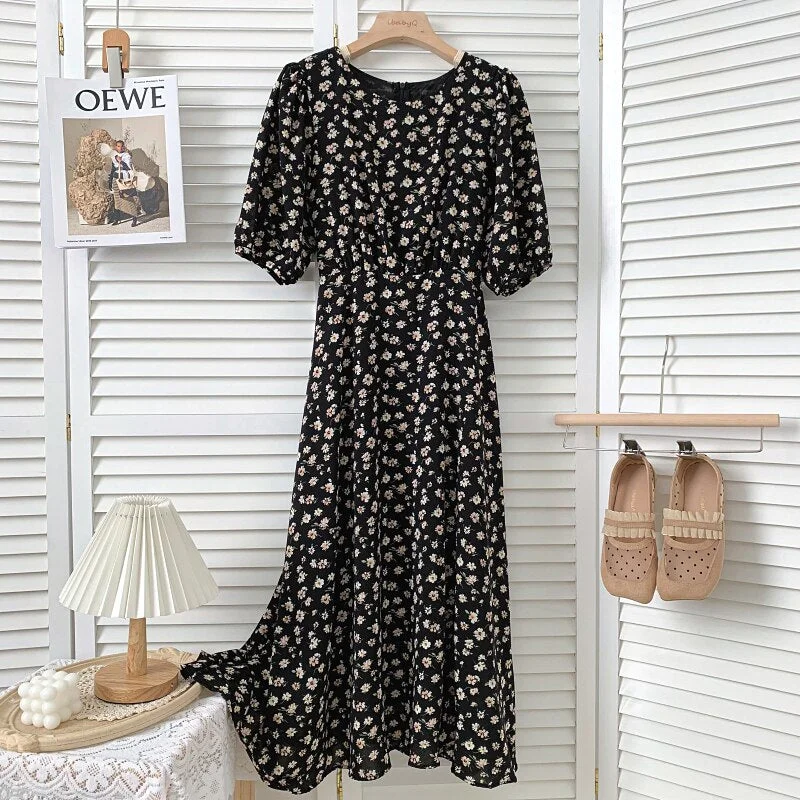 Croysier Casual Dresses For Women 2021 Elegant Waist Tie Vintage Floral Chiffon Midi Dress O-Neck Short Puff Sleeve Summer Dress