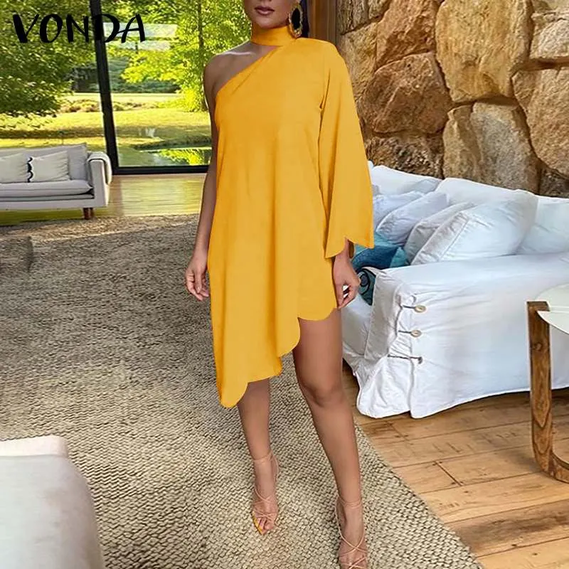 Elegant Office Dress VONDA 2022 Women Party Dress Casual Solid Stylish Mini Dresses  Beach Sundress Femme Robe