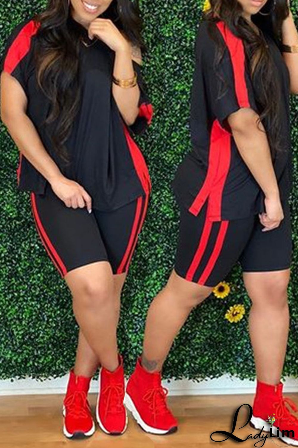 Red Casual Sportswear Solid Split Joint O Neck Short Sleeve Two Pieces