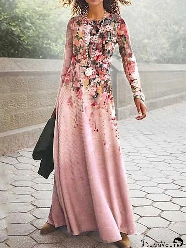 Casual Dress Swing Dress Floral Dress Long Dress Maxi Dress Pink Long Sleeve Floral Print Summer Spring Crew Neck Fashion Summer Dress Daily Date S M L XL XXL for Women