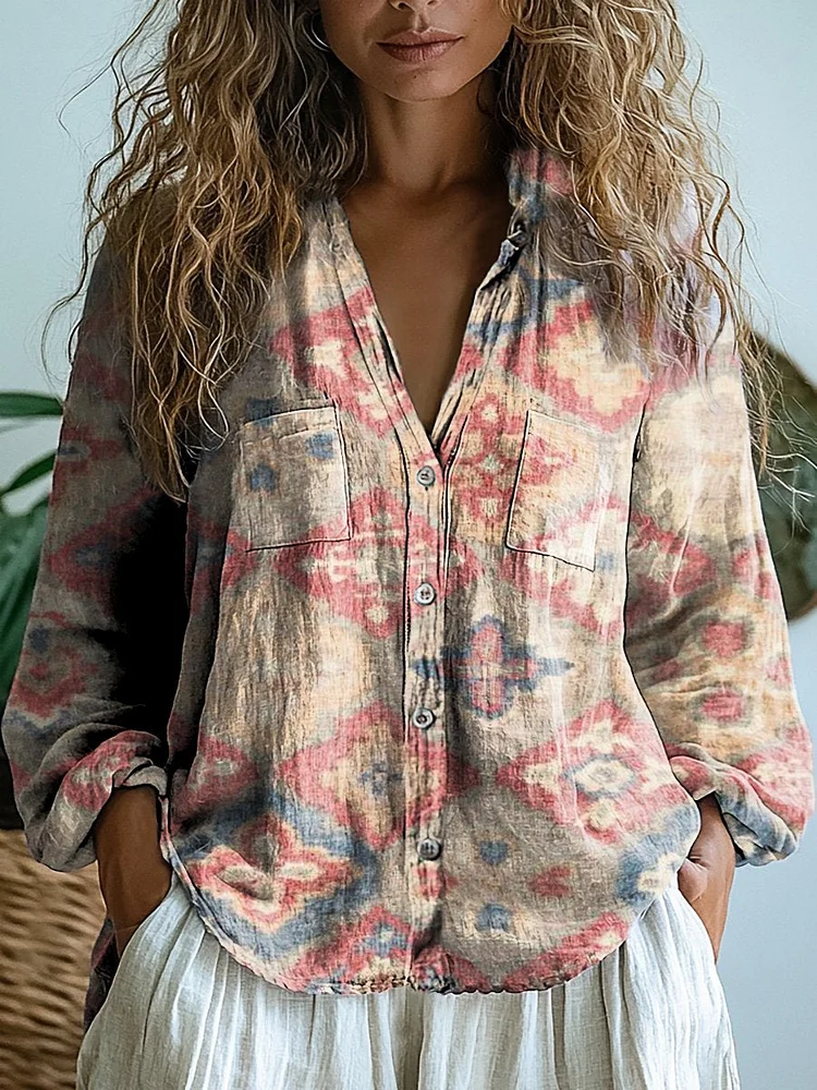 Women's Retro Floral Print Casual Long Sleeve Comfortable Cotton Shirt