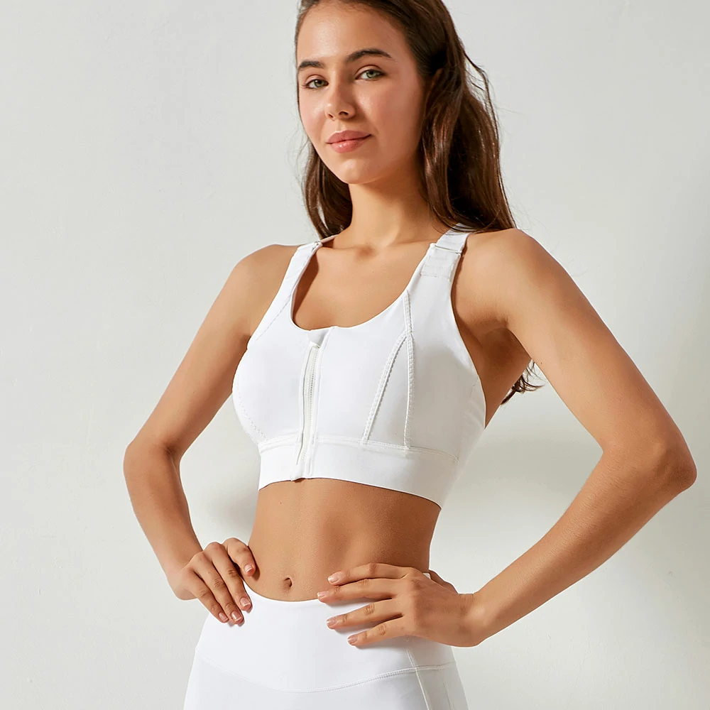 Hergymclothing White zip front racerback sports bra online shopping