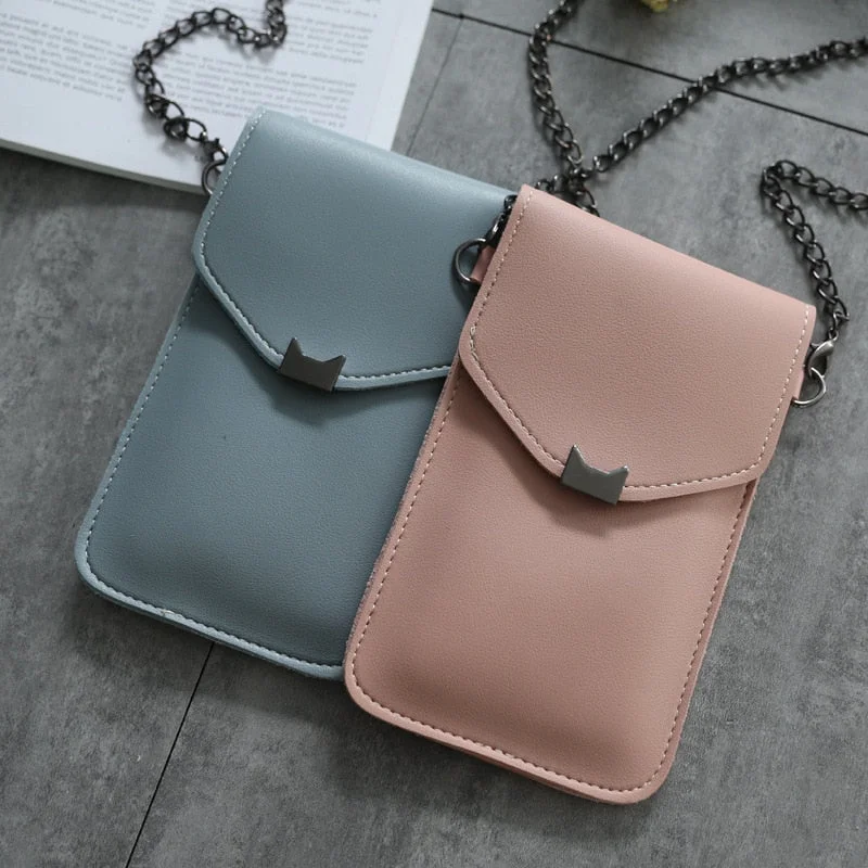 Cat Ear Transparent Touch Screen Retro Simple Mobile Phone Bag 2020 Women Chain Messenger Bags Small Flap Bag Mini Shoulder Bag