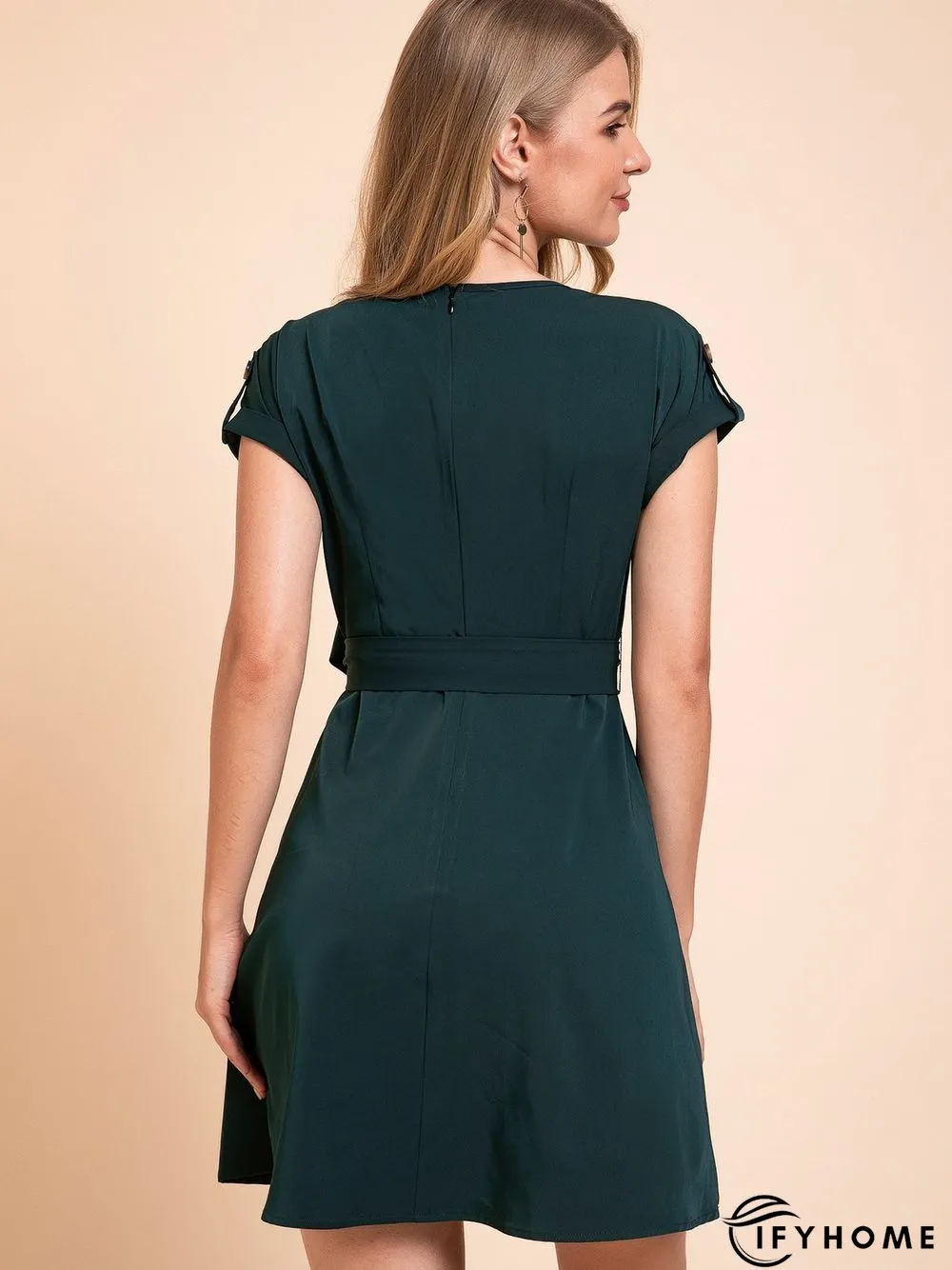 Green Tc V Neck Casual Plain Weaving Dress | IFYHOME