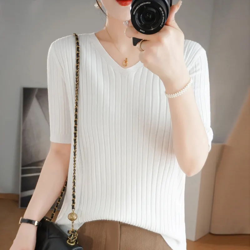 Churchf Churchf The Summer Of 2024, Women's Knit Short Sleeve Korean V-Neck Solid Color T-Shirt And A Pit Top