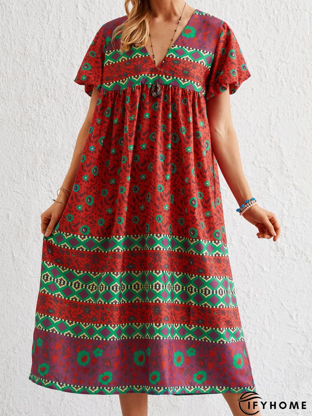 Bohemian casual vacation short sleeve V-neck dress | IFYHOME
