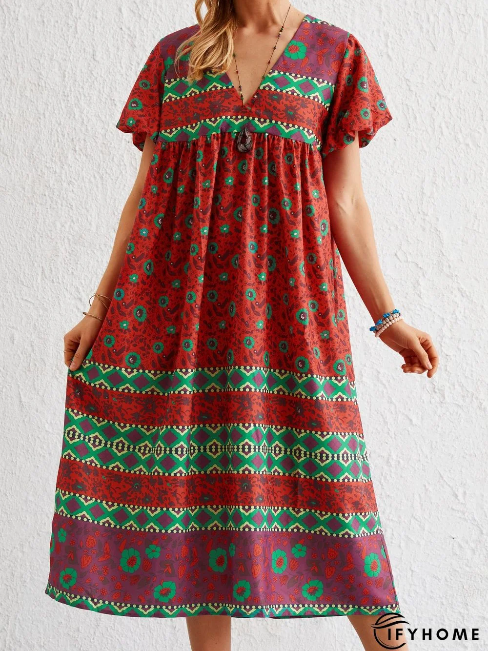 Bohemian casual vacation short sleeve V-neck dress | IFYHOME