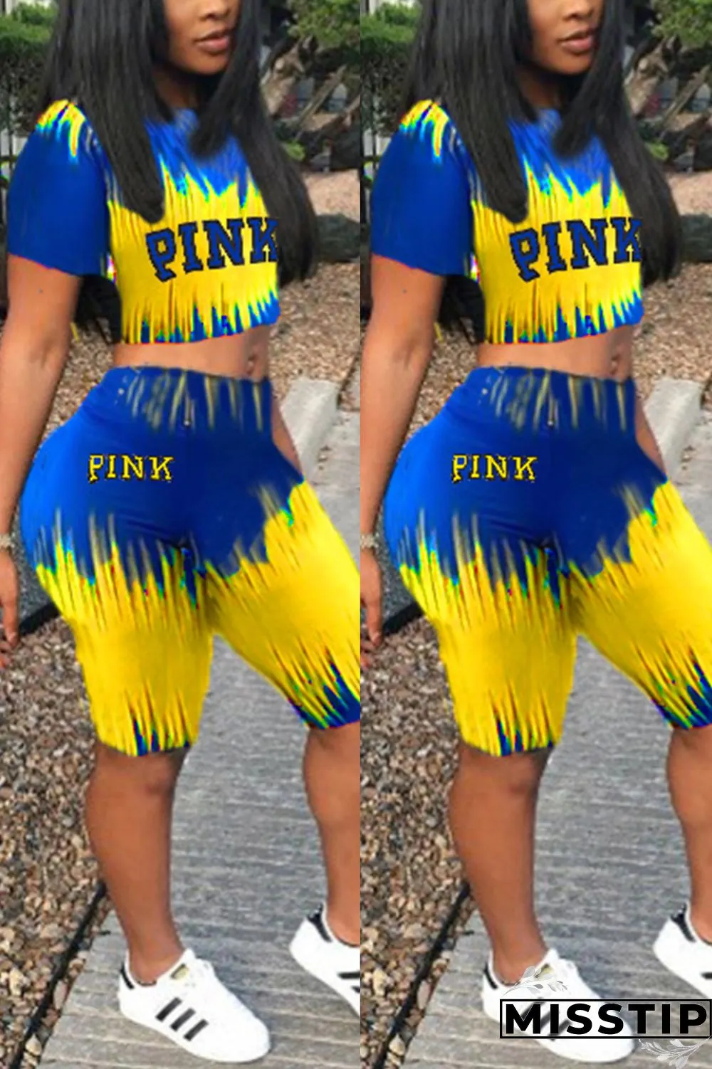 Pink Fashion Casual Sportswear Short Sleeve O Neck Regular Sleeve Short Print Two Pieces