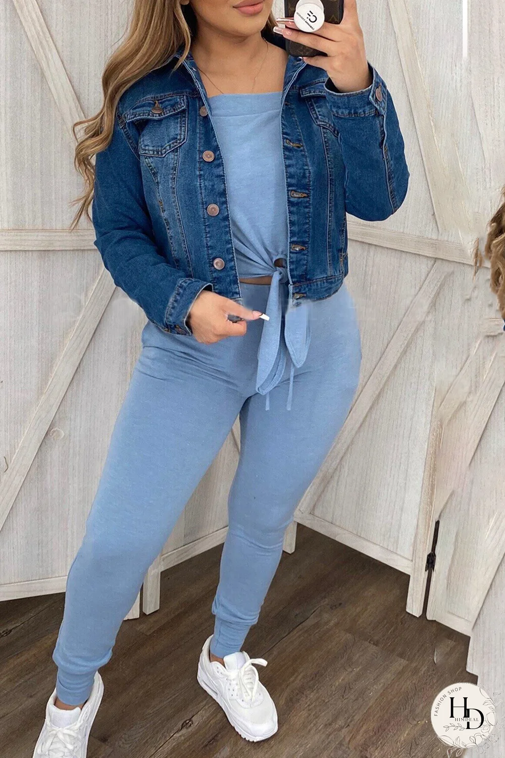 Baby Blue Sexy Solid Split Joint Off the Shoulder Long Sleeve Two Pieces