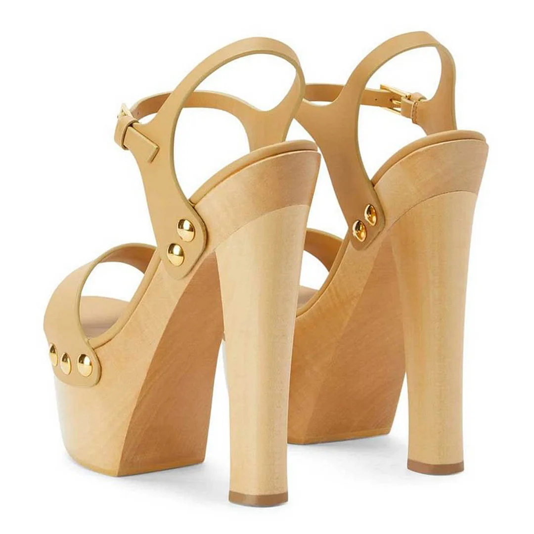 Tan Ankle Strap Sandals Open Toe Platform Heels with Studs