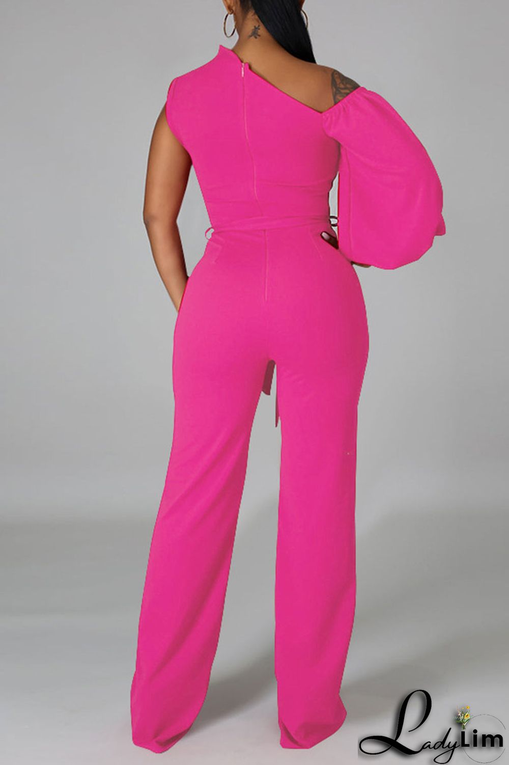 Black Fashion Casual Solid Patchwork Asymmetrical Asymmetrical Collar Straight Jumpsuits