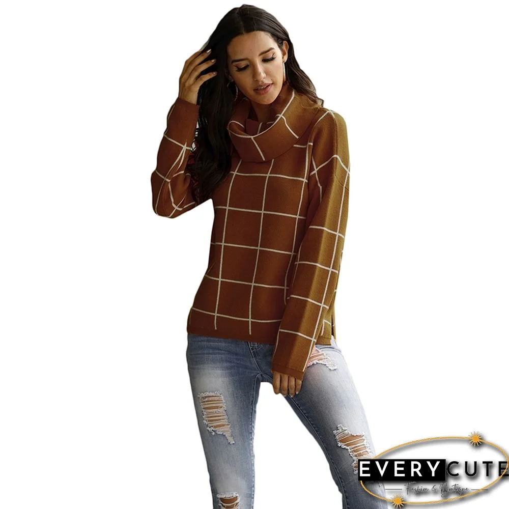 Rust Red Plaid Print Turndown Collar Pullover