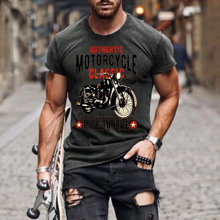 Hip Hop Vintage Motor Print Casual Short Sleeve Loose T-Shirts Men Street Tops Clothing at Hiphopee