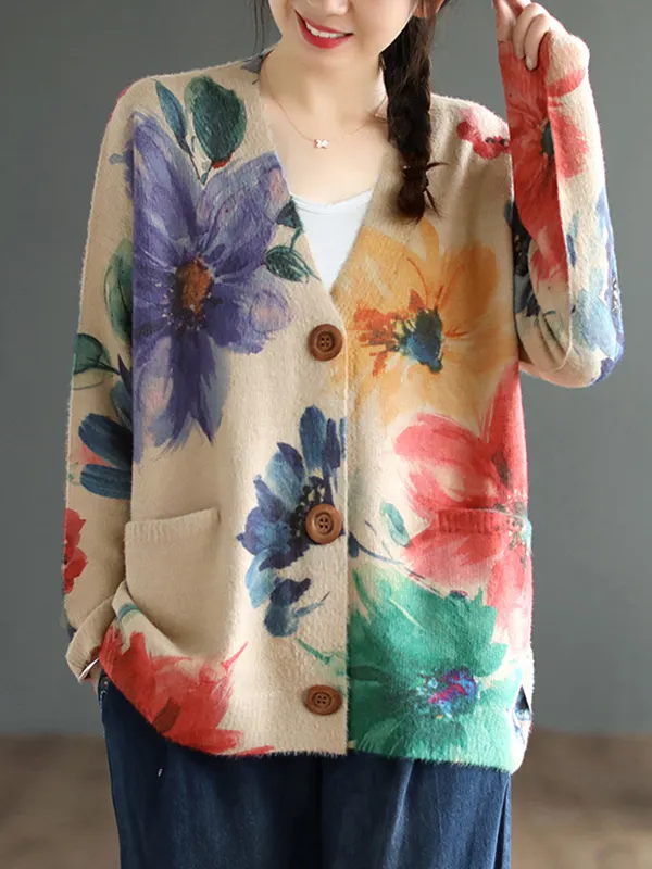 Vintage Floral Print Sheer Long Sleeve Button Front Cardigan