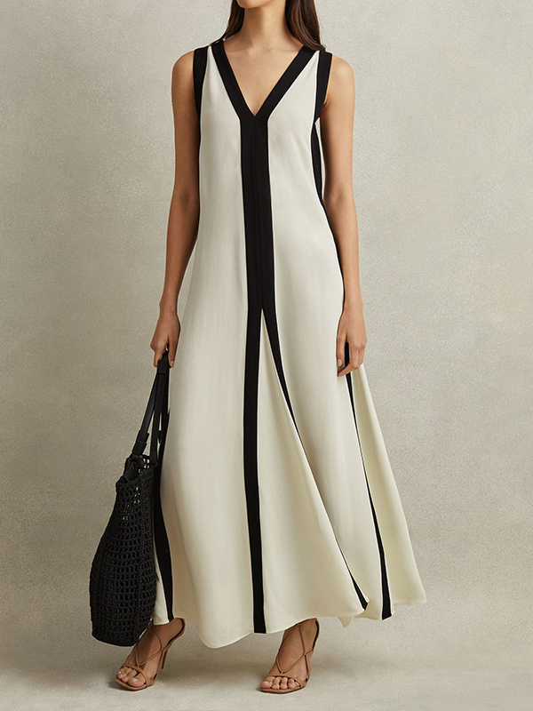 Contrast Stripe V Neck Sleeveless Midi Dress